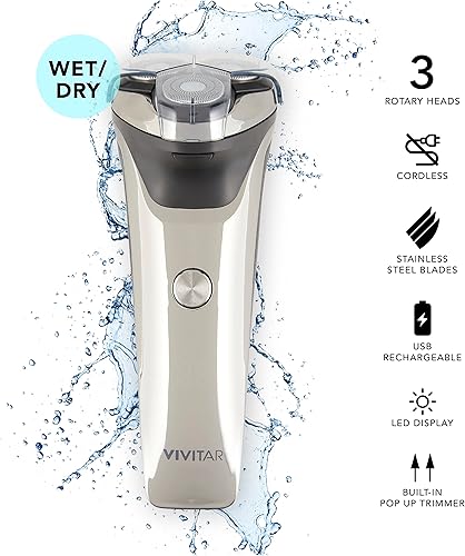 Miniatura 2 de VIVITAR Afeitadora giratoria metálica inalámbrica de 3 cabezales, afeitadora giratoria eléctrica inalámbrica para hombres con tres cabezales