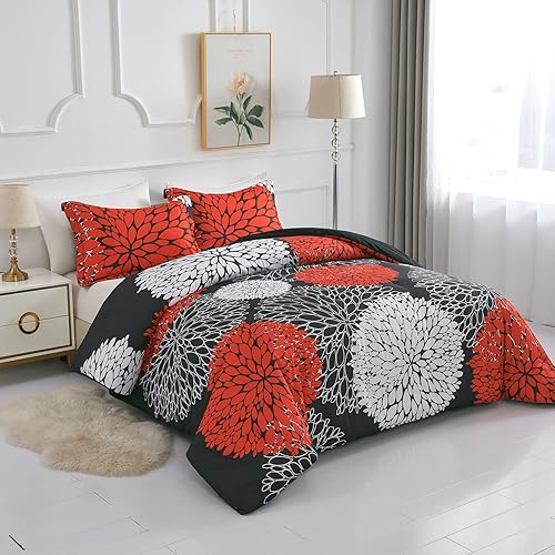 Miniatura 2 de Koniroom Juego de edredón floral negro y rojo tamaño King con estampado de flores blancas y rojas para mujeres, adolescentes y niñas, para todas las