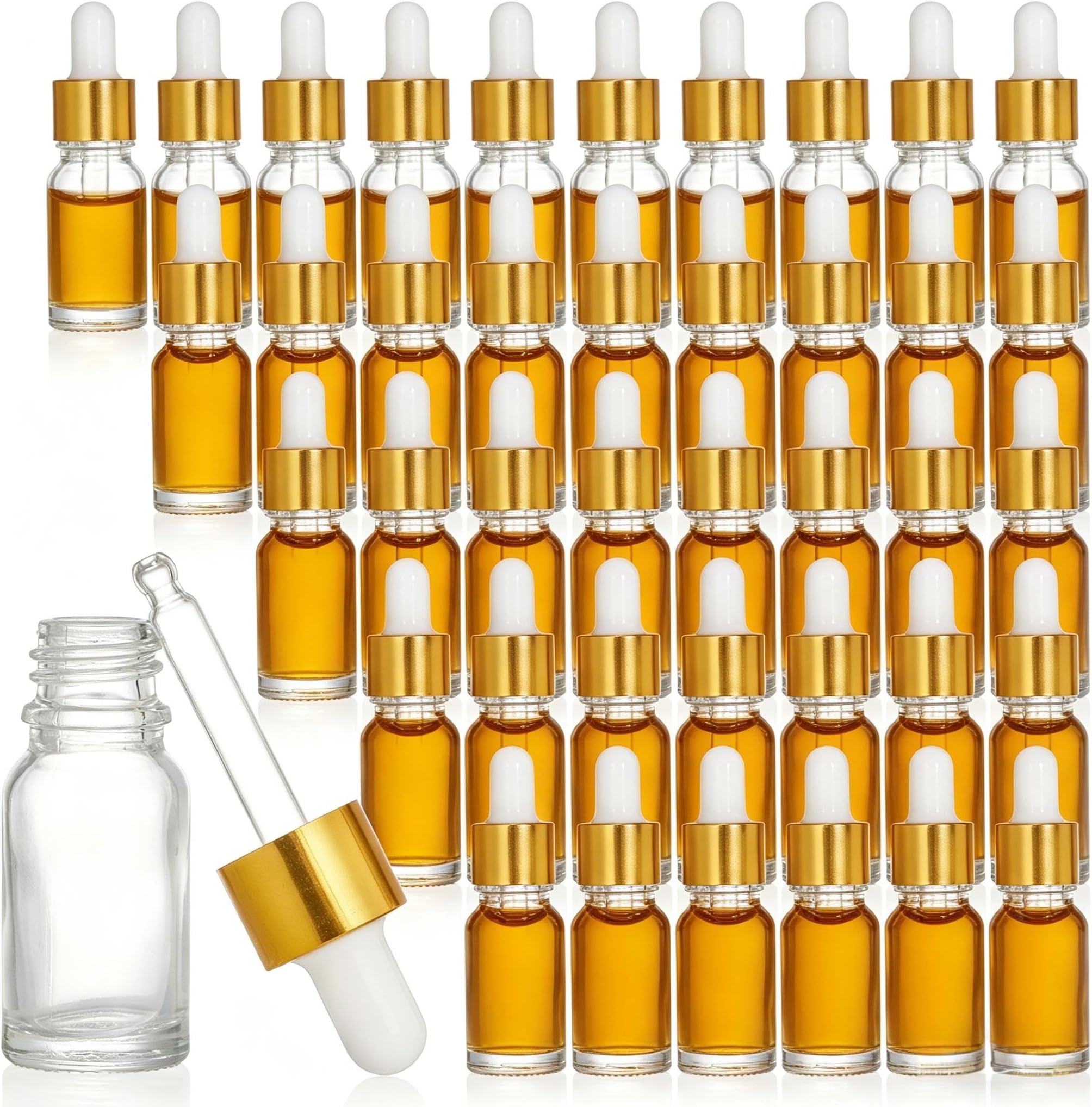 – Lawei 40pcs Eye Dropper Bottle 10ml Empty Mini Bottles with Dropper Pipettes Golden Aluminum Alloy Cap Refillable Sample Container for Essential Oils Perfume Cosmetic Liquid