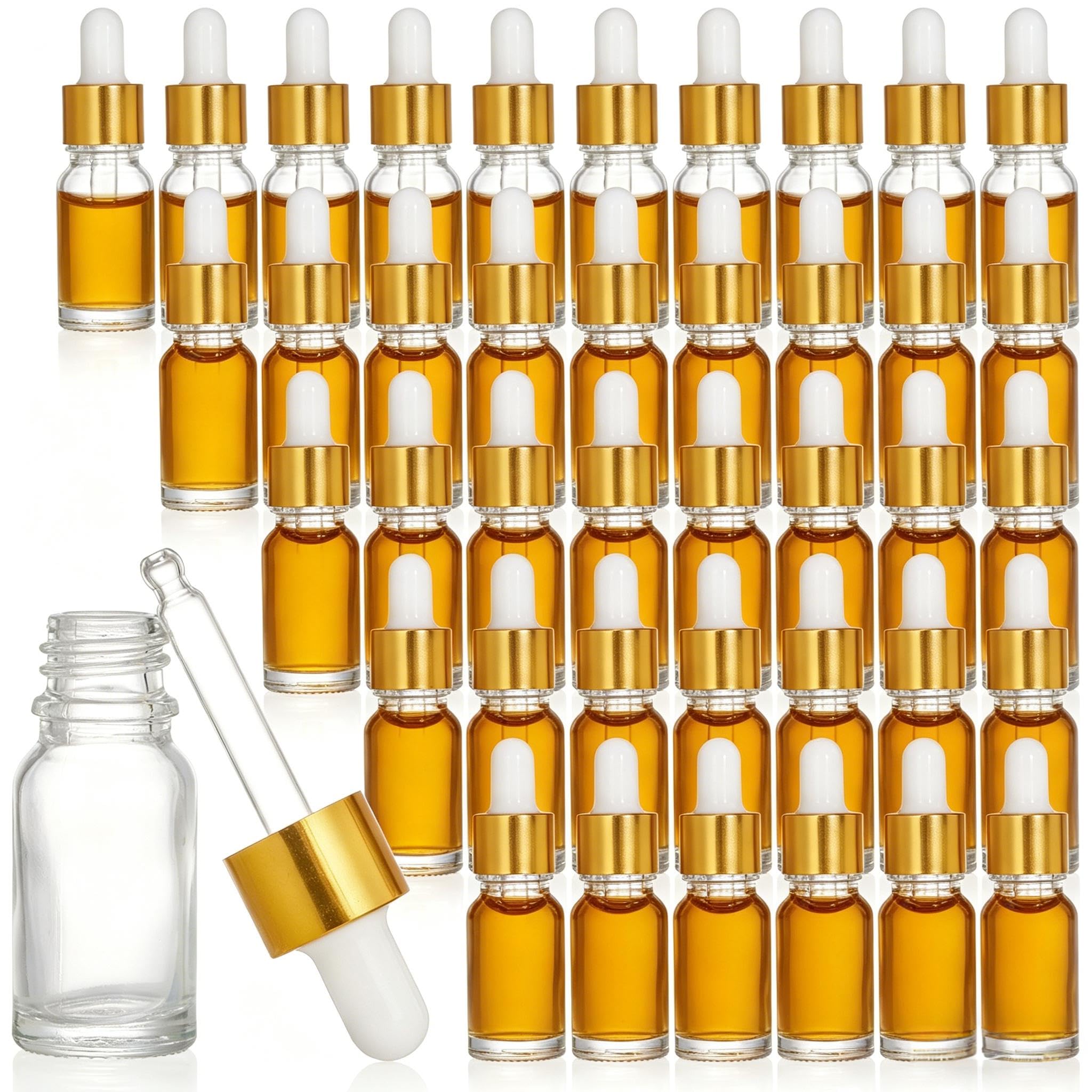 Lawei 40 frascos cuentagotas de 10 ml vacíos con pipetas cuentagotas, tapa de aleación de aluminio dorado, contenedor de muestra recargable para aceites esenciales, perfumes, cosméticos y líquidos