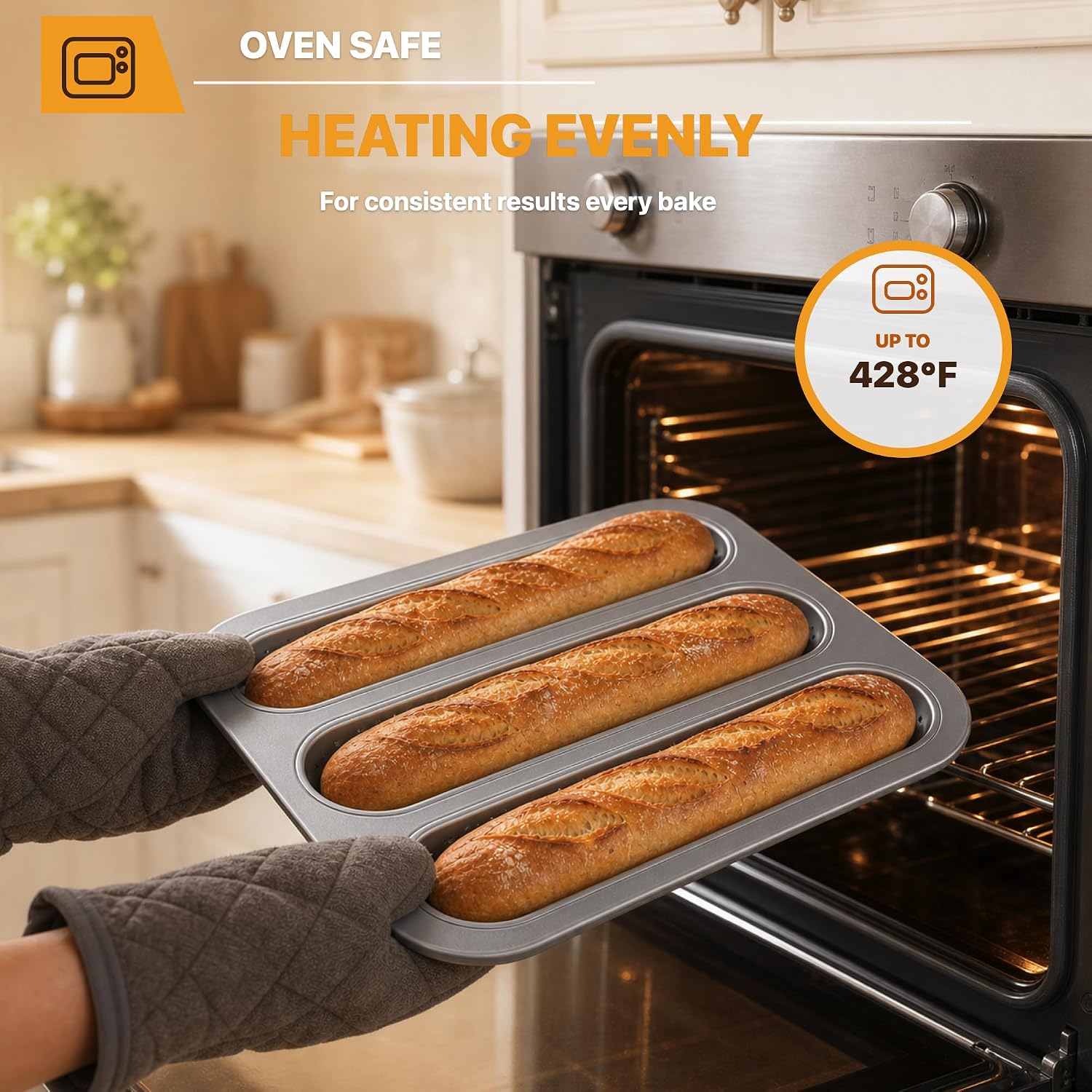 Silver 3-Slot Nonstick Carbon Steel Baguette Bread Baking Pan Set