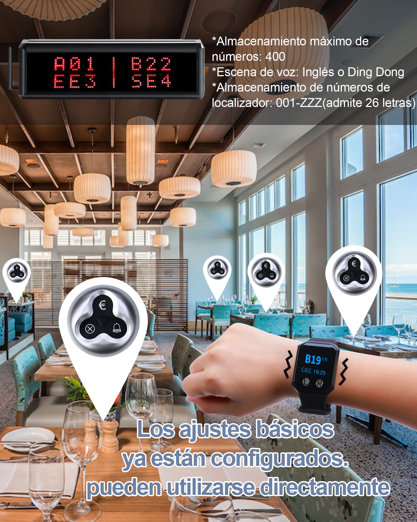 CS-400D Sistema De Localización Inalámbrico Para Restaurante, Bar, Cafetería - 1 Pantalla De Llamada, 16 Botones, 2 Receptores De Pulsera