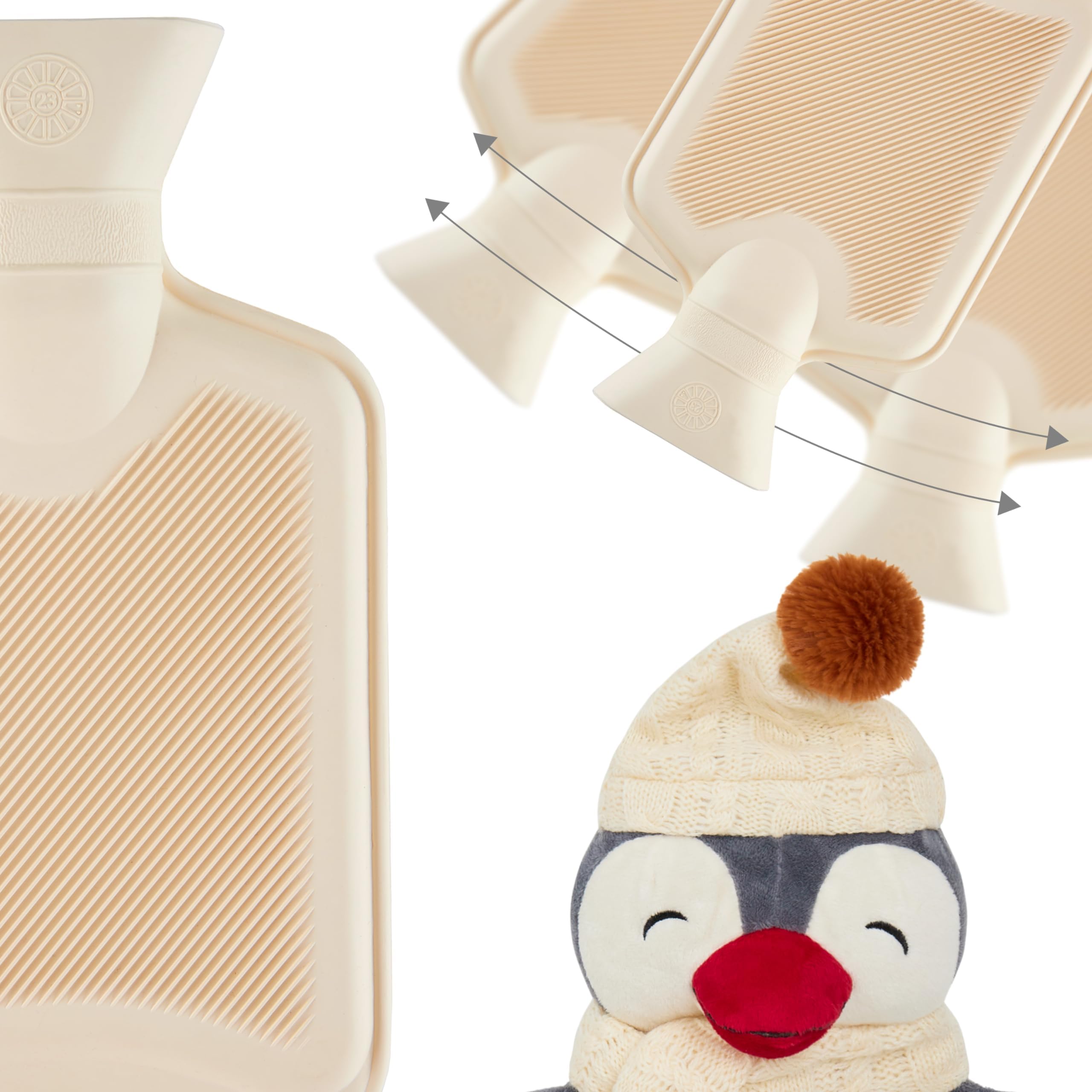 Bolsa Agua Caliente con Funda de Felpa- Botella Agua Caliente de Caucho Natural, 1 Litro - Funda de Animal de Peluche - Regalos Navidad (Gris Pingüino)