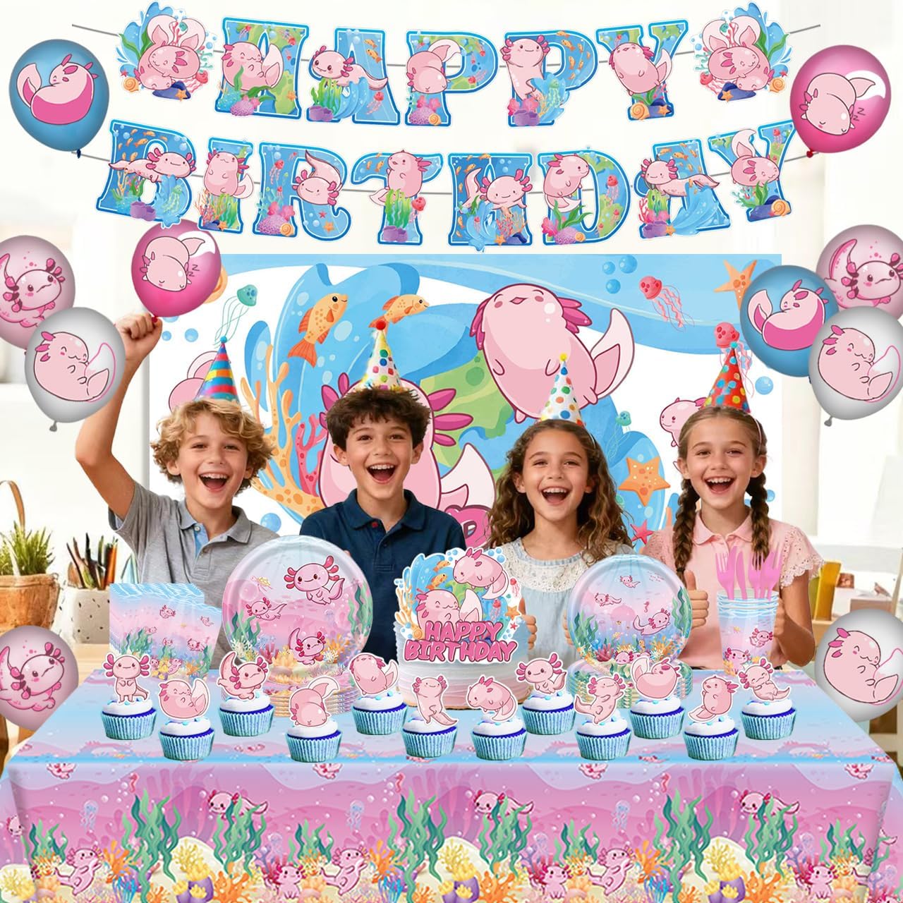 Axolotl Birthday Decorations Include Axolotl Plates-Napkins-Cups-Cutlery-Tablecloth-Balloons-Cupcake Toppers-Axolotl Cake Topper- Banner-Backdrop-Tablecloth for Kids Axolotl Party