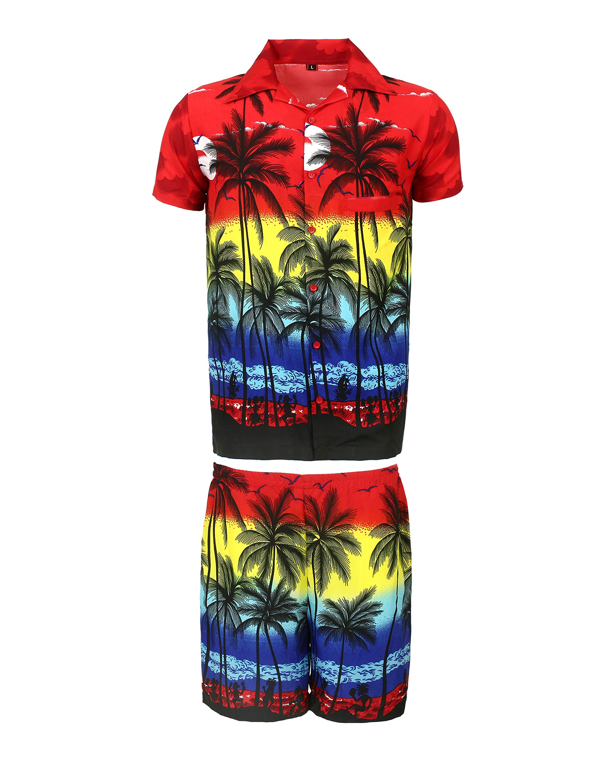 KIKLO Mens Hawaiian STAG Beach Hawaii Aloha Party Summer Holiday Fancy Shirt and Short Set (R PALM SET, XL)