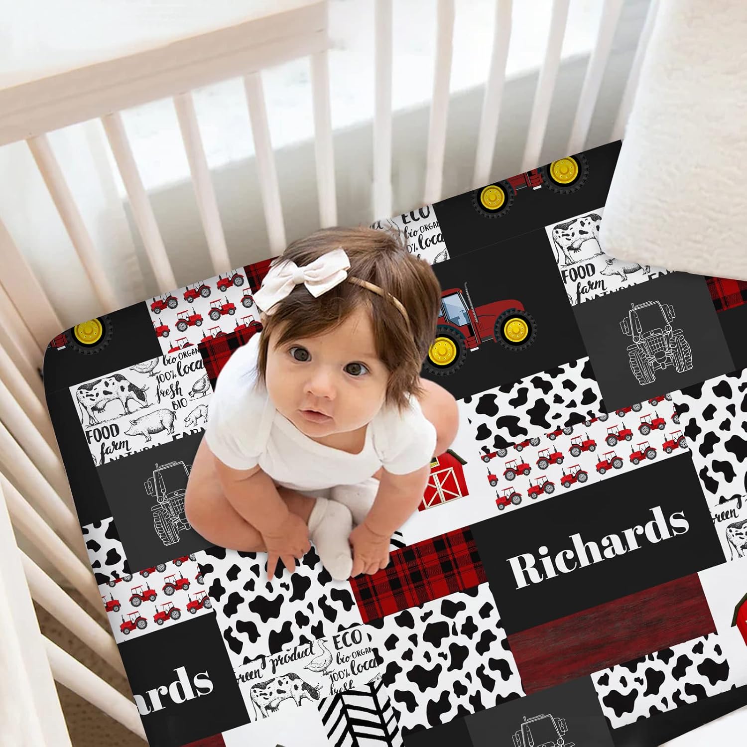 Personalized Red Tractors Baby Crib Bedding with Name, Custom Farm Theme for Baby Girls & Boys, Pack and Play Sheets | Name Crib Sheets