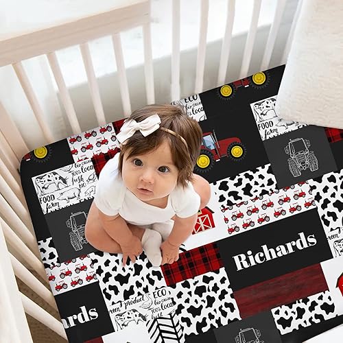 Miniatura 2 de Sábanas personalizadas para cuna de bebé de tractores rojos con nombre, sábanas de colchón personalizadas para cuna con temática de granja para