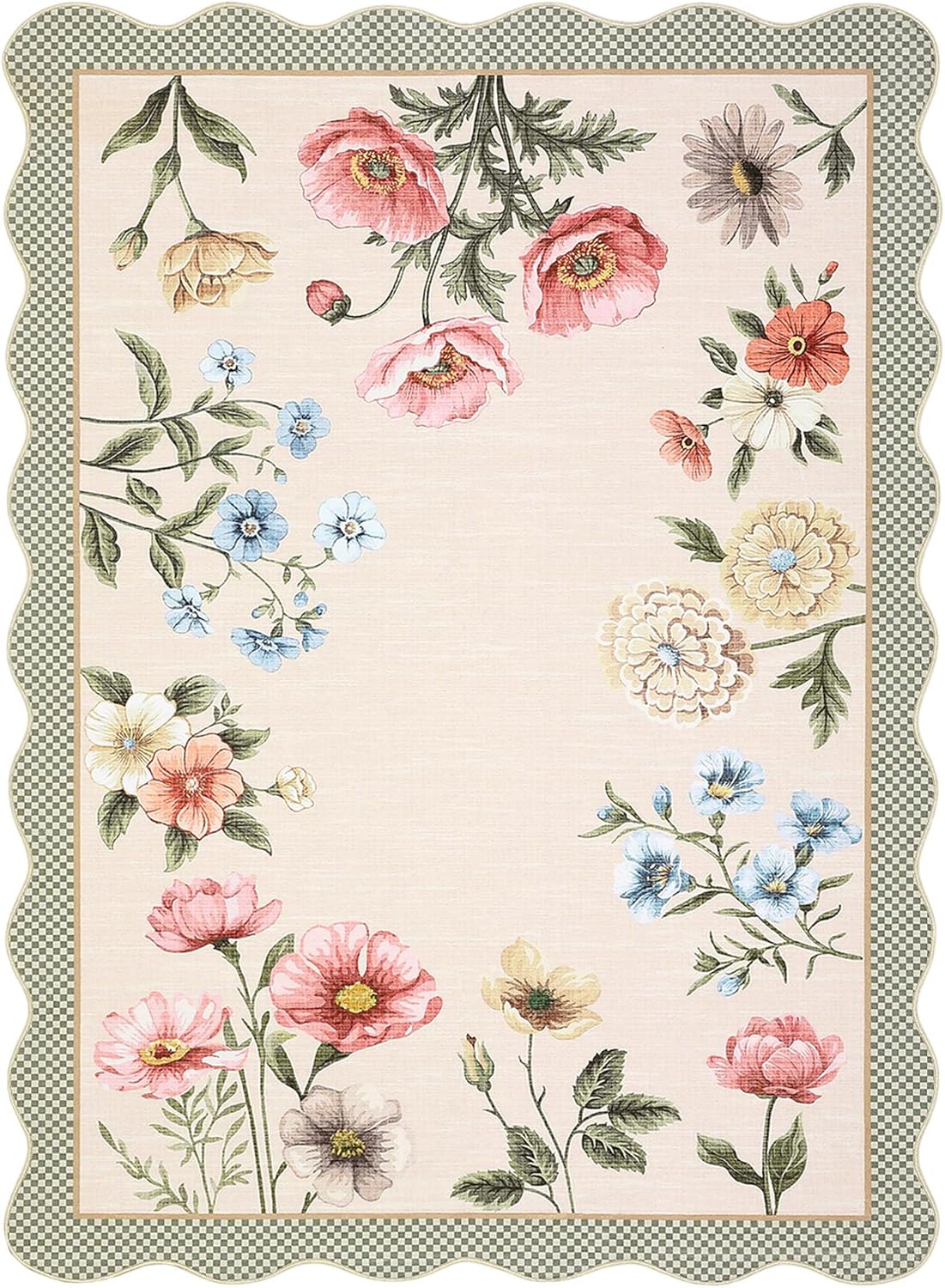 GarveeHome Floral Scalloped Washable Rugs 8x10, Non-Slip Low Pile Living Room Rugs 8x10, Soft Bedroom Rug Stain Resistance Boho Throw Rug with Rubber Back for Dining Room, Taupe