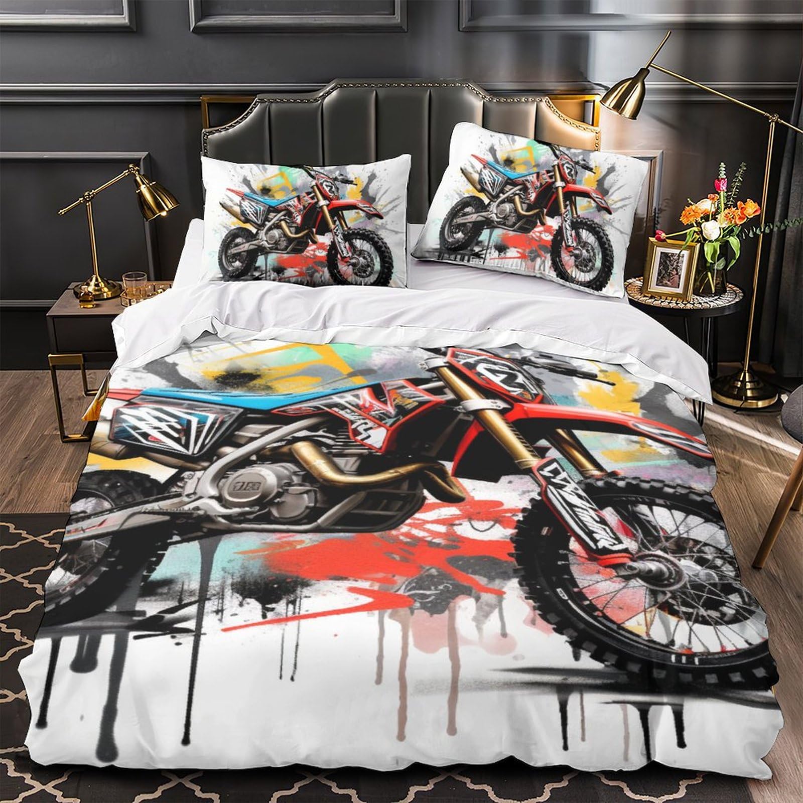 Zestaw pościeli 3D dla dzieci Dorośli 3 sztuki, poszwa na poduszkę z mikrofibry i zamek błyskawiczny Motocross Wyścigi Rower Pojedynczy (140 x 200 cm)