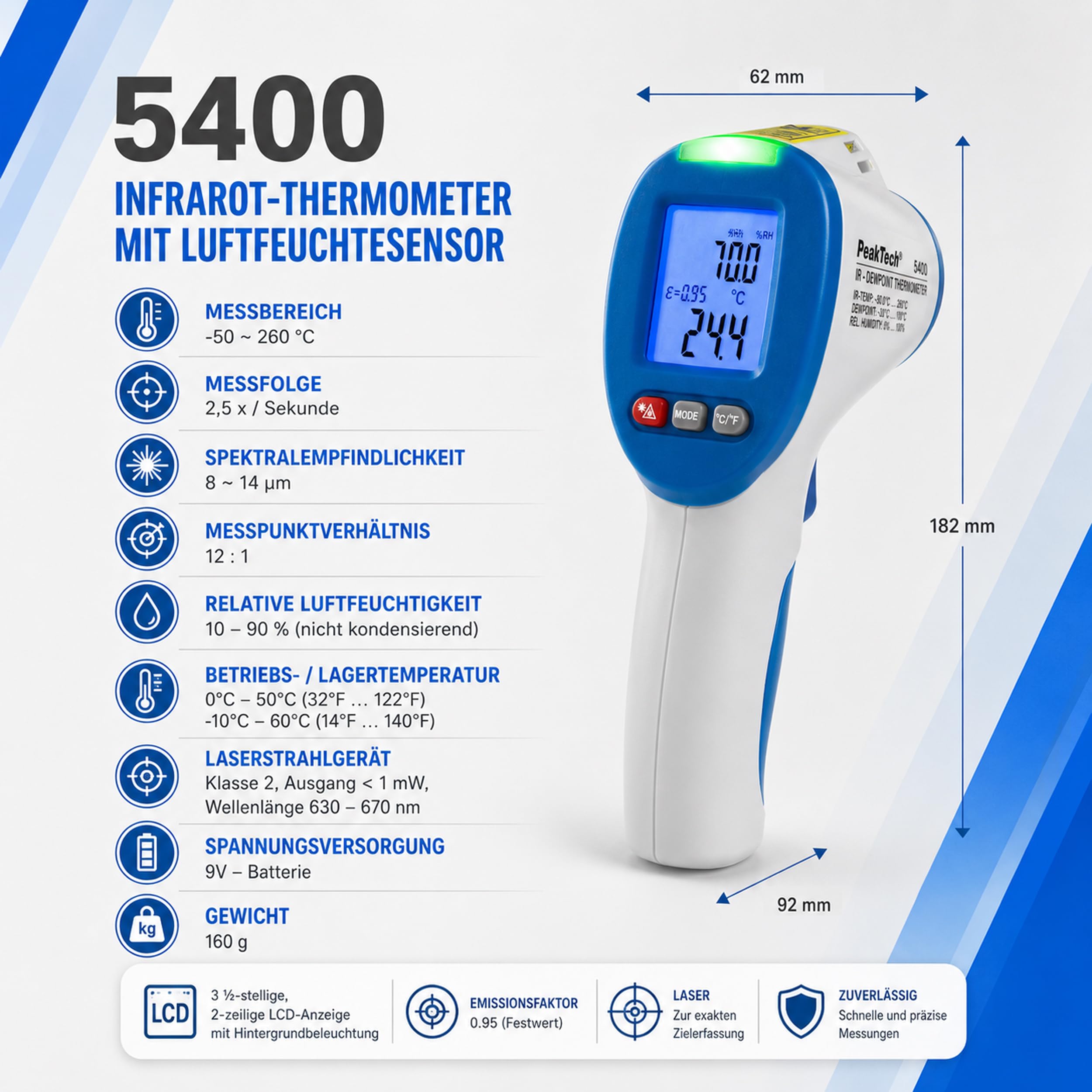 PeakTech P 5400 - IR Messgerät, Infrarotthermometer (-50°/260°), Oberflächen Thermometer, Taupunktscanner (-30°/100°), LED Umweltmessgerät, Thermodetektor Feuchtigkeit (0-100%), Taupunkt Messgerät