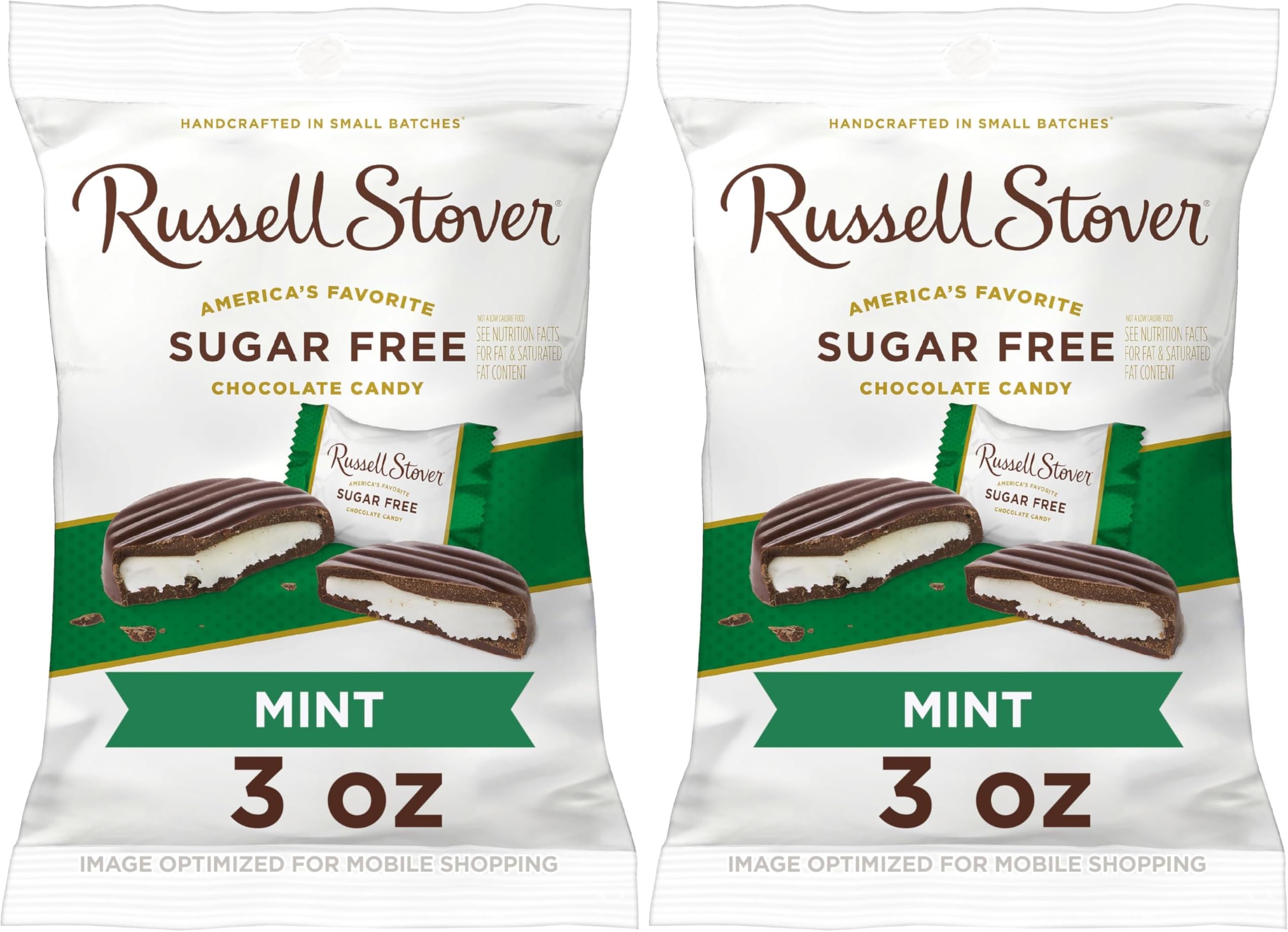 Russell Stover Sugar Free Dark Chocolate Mint Patties with Stevia, 3 Ounce Bag (Pack of 2)