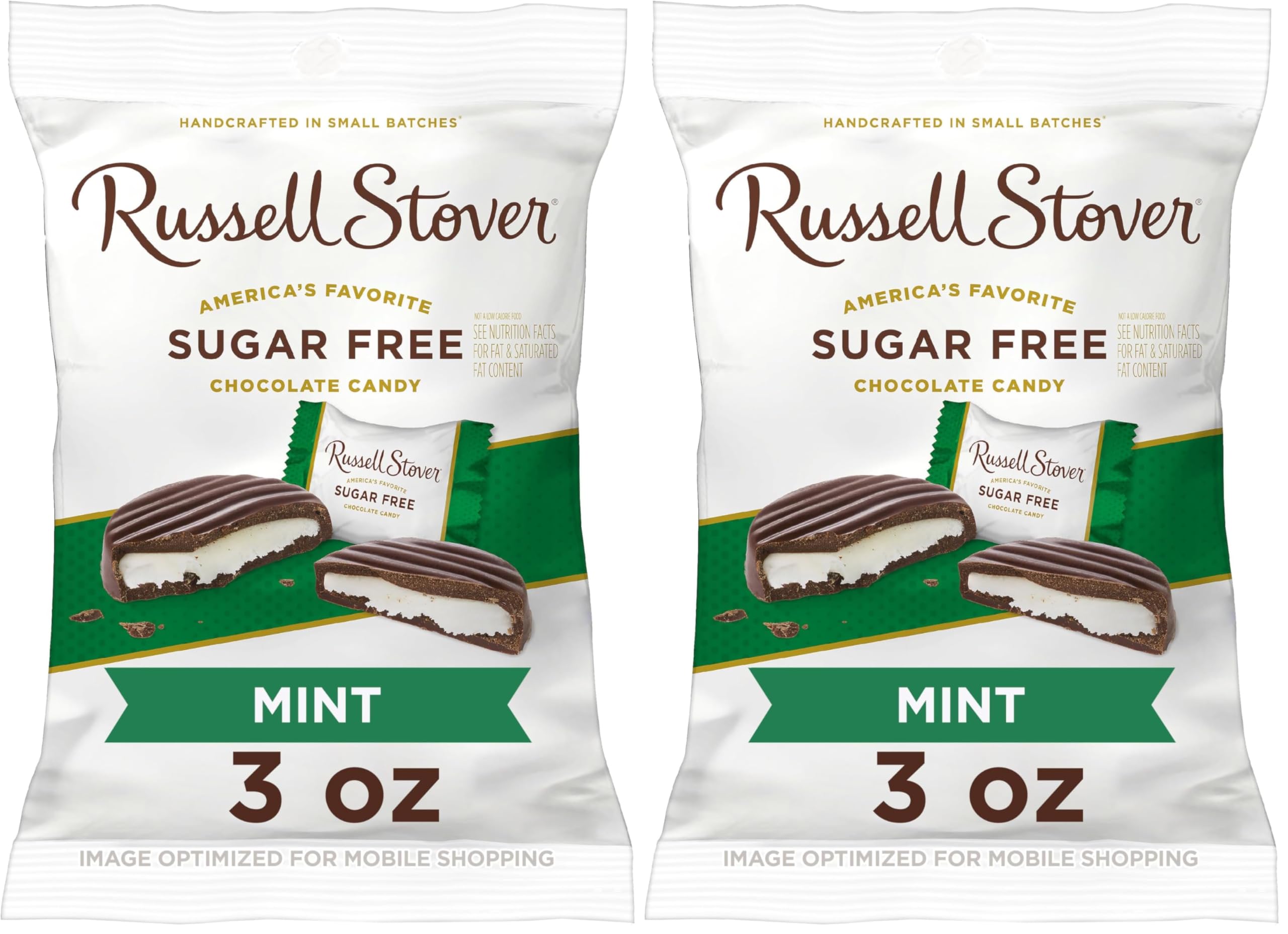 Russell Stover Sugar Free Dark Chocolate Mint Patties with Stevia, 3 Ounce Bag (Pack of 2)