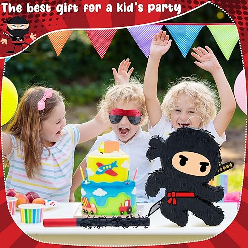 Miniatura 6 de Karate Ninja Pinata Ninja - Suministros de fiesta de cumpleaños con confeti de palo de piñata y venda para ojos, decoración de fiesta de cumpleaños