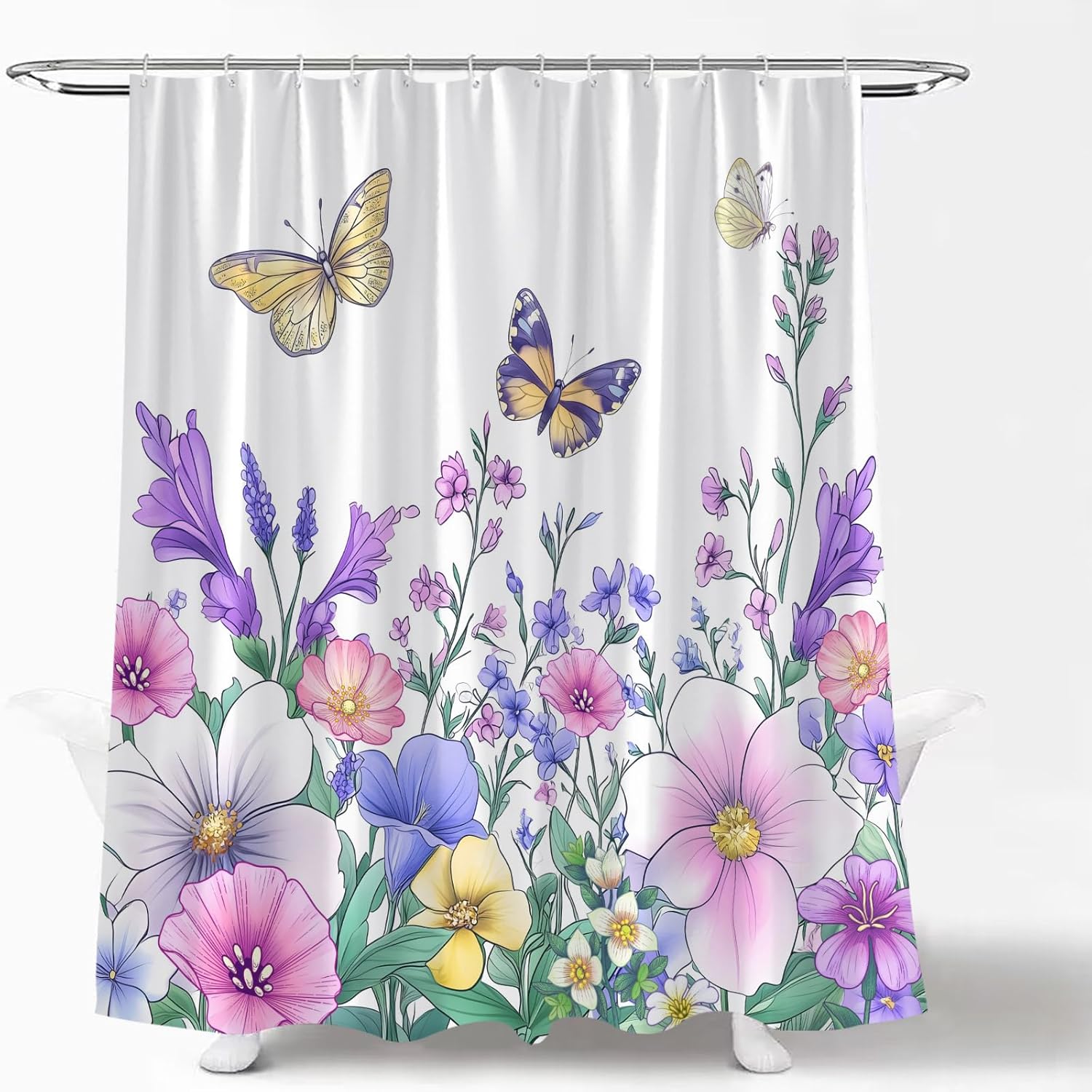 Watercolor Floral Shower Curtain Purple Flower Butterfly Spring Rustic Farmhosue Botanical Plant Wildflower Garden Modern Bathroom Curtains Decor with Hooks