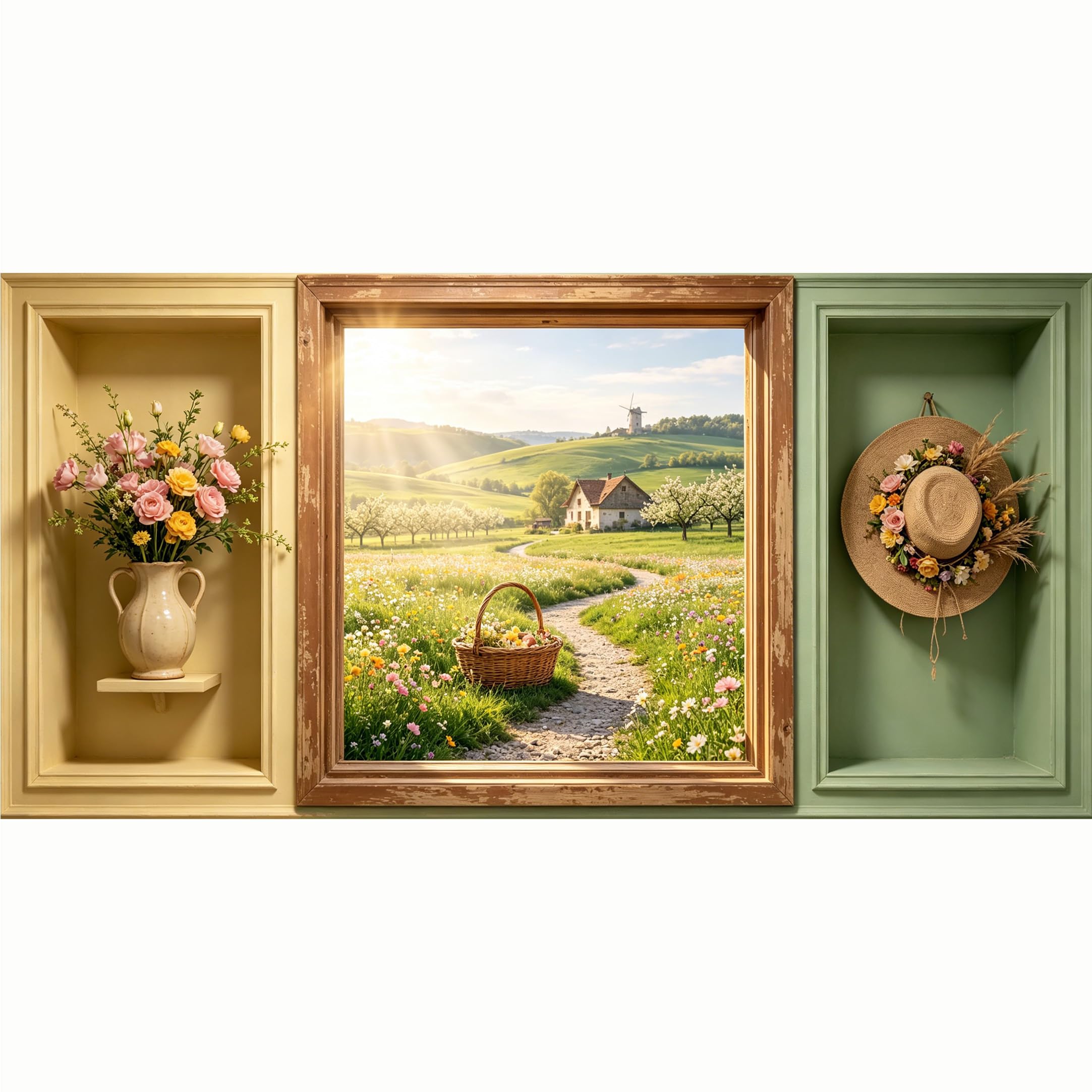 QZLITHOTIC 50x100cm 3D Framed Wall Art， Farmhouse Countryside Windmill Floral Basket Landscape SelfAdhesive Mural， Water‑Activated Peel & Stick Fabric Decor Wall Decal for Bedroom Living Room