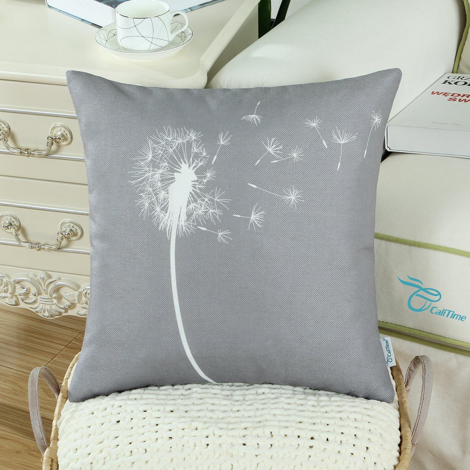 CaliTime Pack of 2 Canvas Throw Pillow Covers Cases for Couch Sofa Home Decoration Solid Dandelion Print Both Sides 18 X 18 Inches Medium Grey