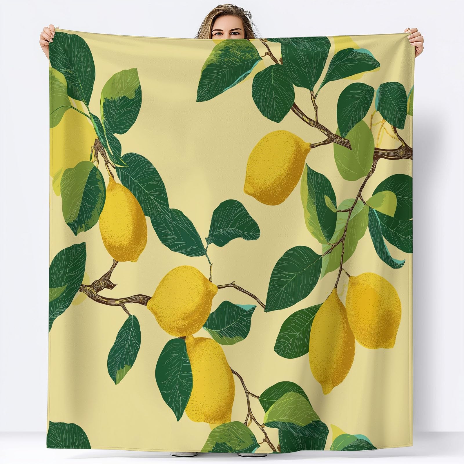 Koc jasnożółty dla dzieci i dorosłych, 180 x 200 cm, bardzo miękki z nadrukiem, puszysty koc flanelowy, owoce, cytryny, liście roślin, ciepły, na jesień, zimę, do łóżka, na sofę, do biura, na podróż