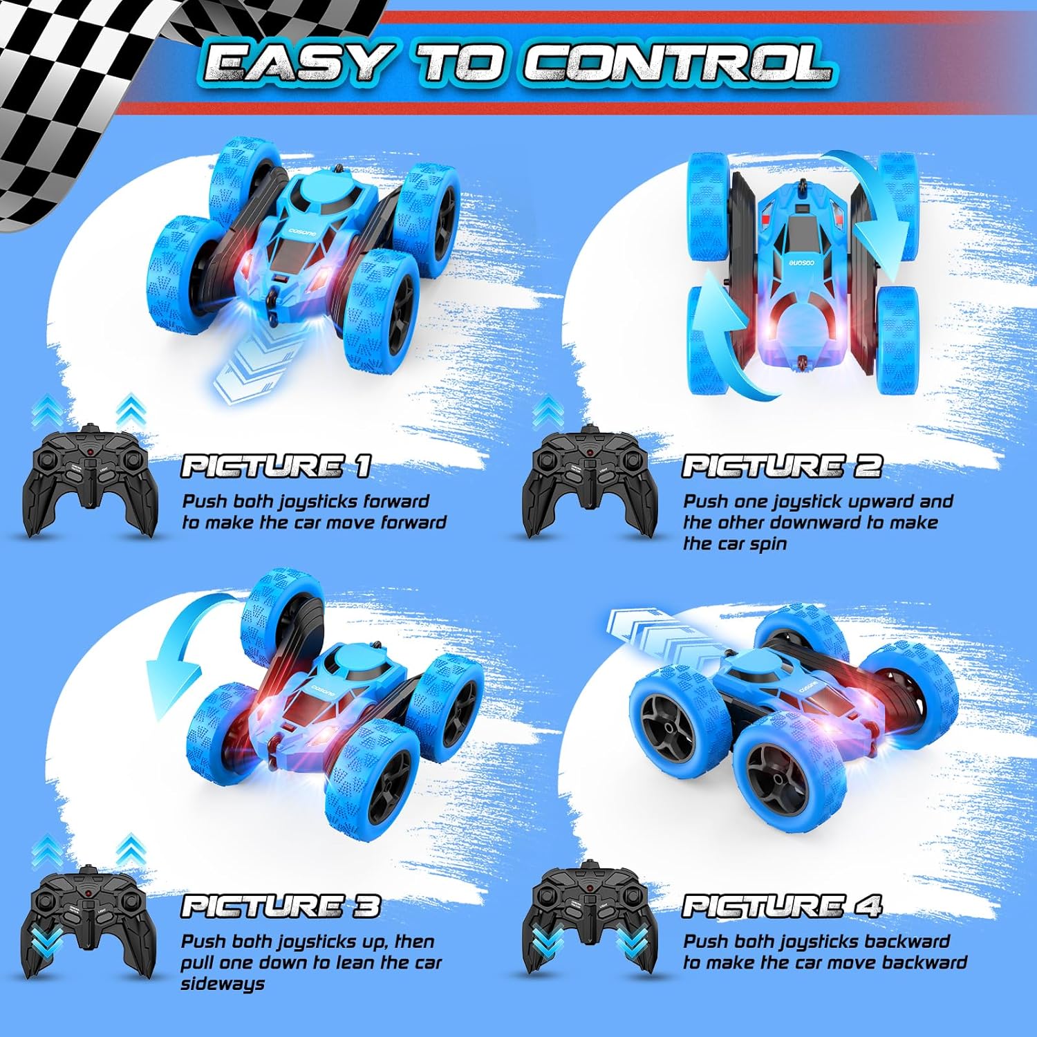cosone Remote Control Car, RC Cars Toys for Kids Ages 6-12, 4WD Stunt Car with LED Lights & 360° Flips, 2.4GHz, Upgraded USB-C Modular Batteries, 6-10 Year Old Boys Birthday Gift - Blue
