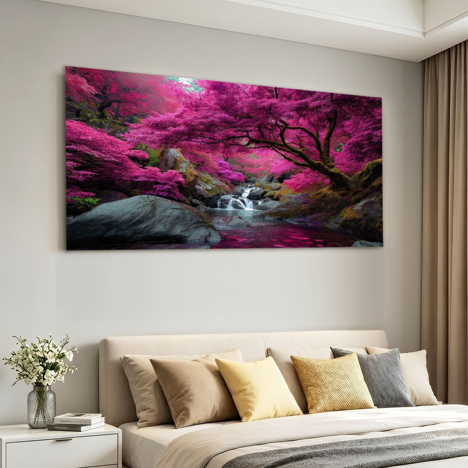 Obraz ścienny natura krajobraz obraz obraz na płótnie - 90 x 60 cm, wydruk na płótnie z lasem, drzewo skała, oprawiona sztuka ścienna do salonu i sypialni, dekoracja ścienna, różowy