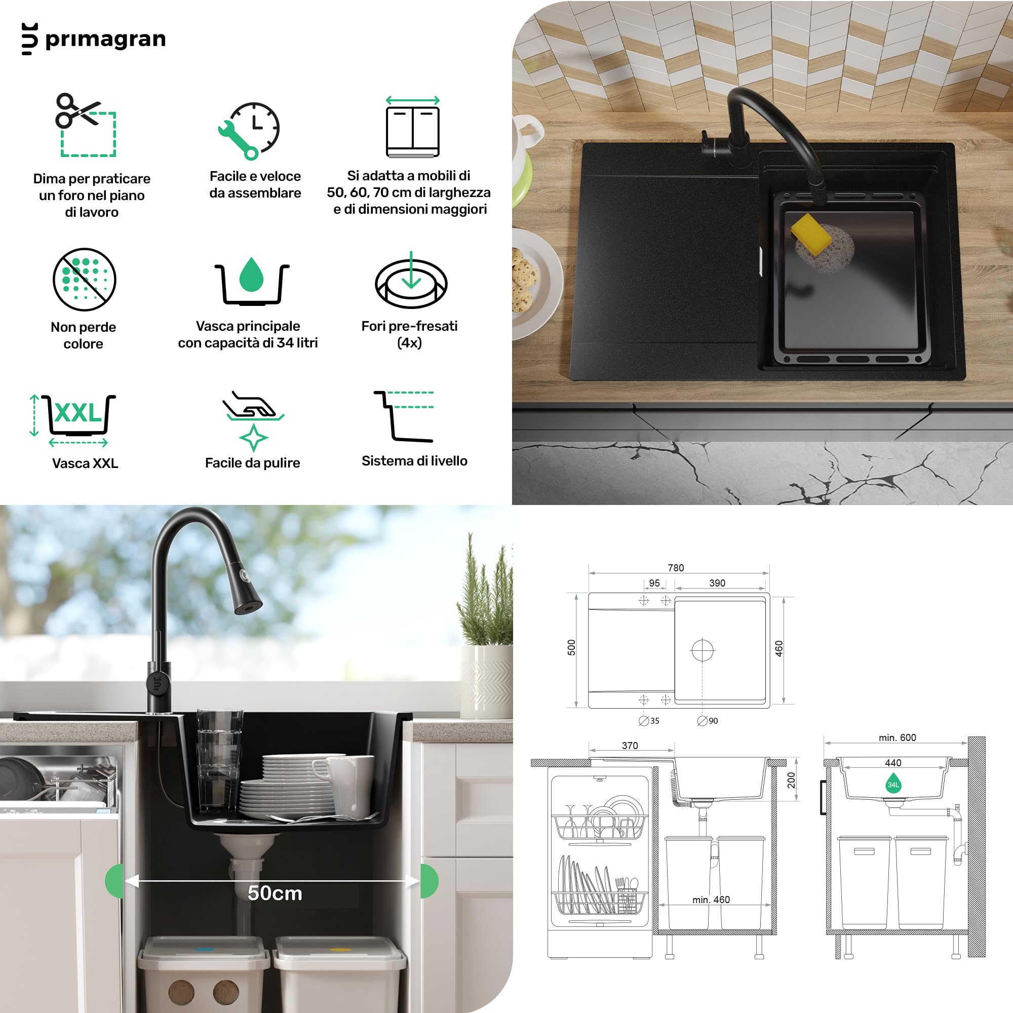 PRIMAGRAN Lavello da Cucina Bianco 78x50cm, Lavandino in Granito a 1 vasca + Sifone Classico, Lavabo da Cucina Incasso al Mobile 50cm - San Francisco Level S002