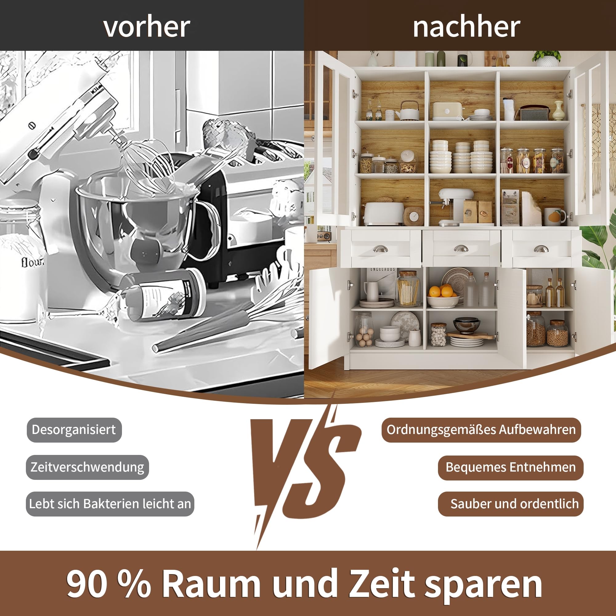 Küchenschrank mit Schubladen und Türen, Buffetschrank Hochschrank mit 9 Ablagefächer und Metallscharnier, Küchenbuffet Küchenschränke Küchenmöbel, Esszimmermöbel, Weiß, 140×38.5×175 cm