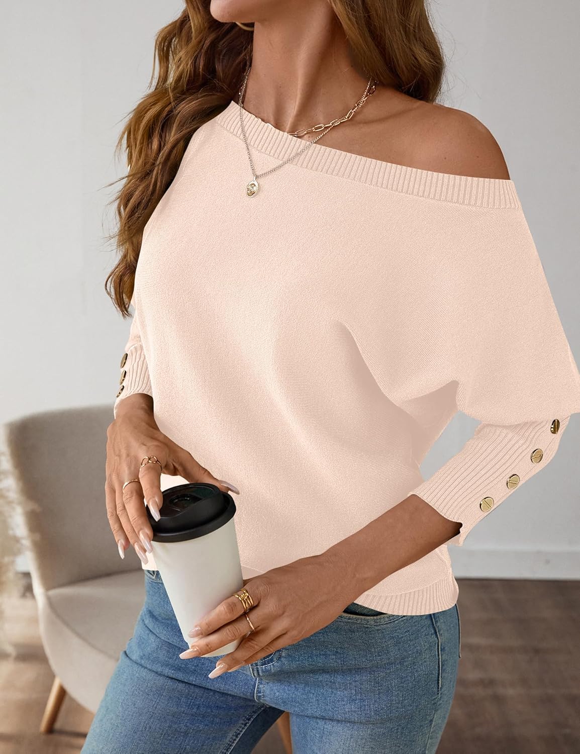 Micoson Women's Off The Shoulder Sweater Top Fall 2025 Oversized Knit Long Batwing Sleeve Crochet Pullover Sweaters - Image 4