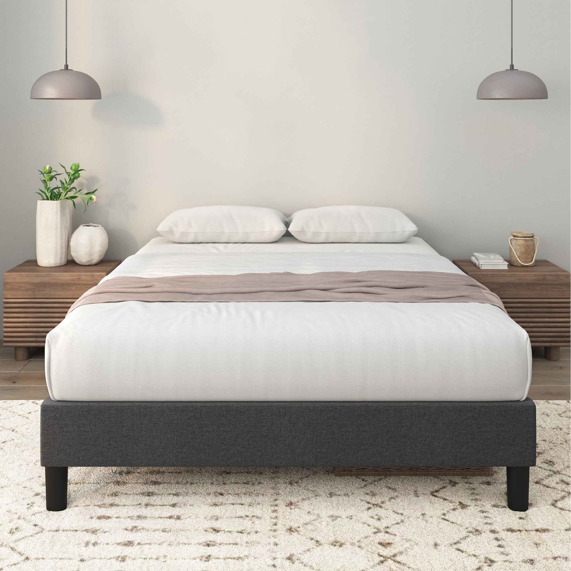 Curtis Upholstered Platform Bed Frame, Mattress Foundation, Wood Slat Support, No Box Spring Needed, Eco Friendly WonderBox (TM) Packaging, Dark Grey, Queen