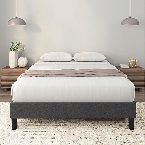 Zinus Curtis - Base de cama tapizada con plataforma, base de colchón, soporte de listones de madera, no necesita somier, embalaje ecológico