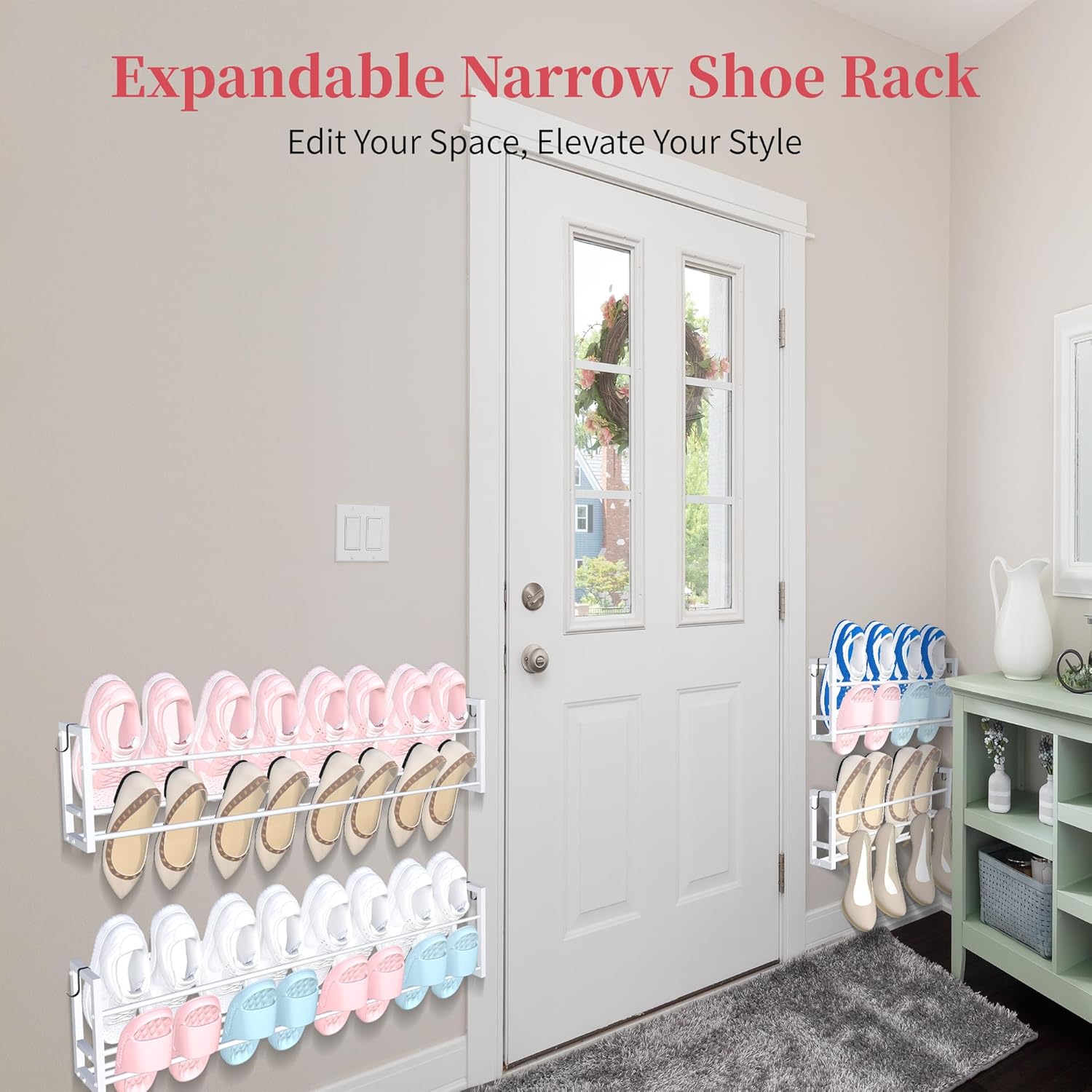 3 Pack Wall Mounted Shoe Rack for Narrow Spaces, Hanging Shoe Rack Holds 24 Pairs, 17"-30"Adjustable Heavy Duty Wall Shoe Storage with 6 Storage Hooks, Space Saving for Closet Entryway Door, White
