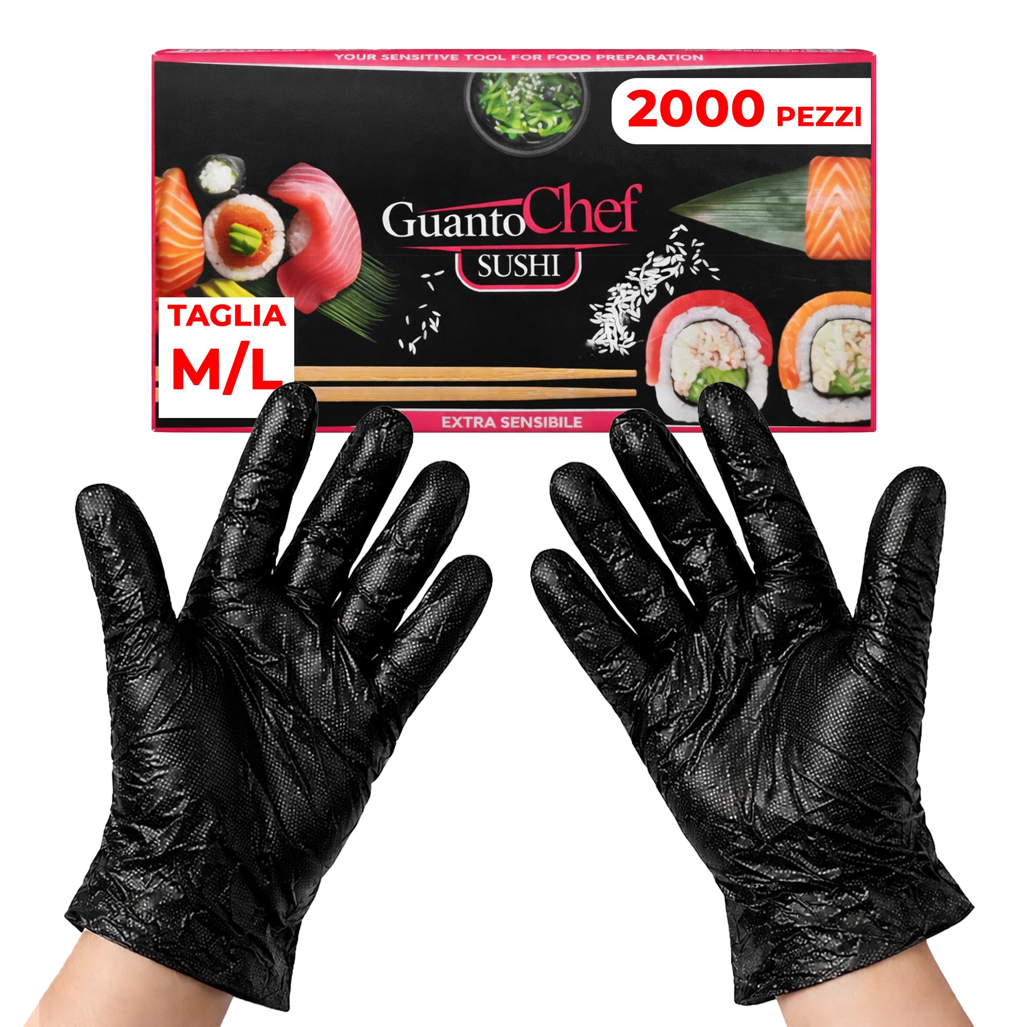 GM 2000 Guanti Sushi Extrasensibile Neri Taglia M/L, Senza Polvere e Lattice, Ipoallergenici, Guanti Monouso per Sushi, Manipolazione degli Alimenti