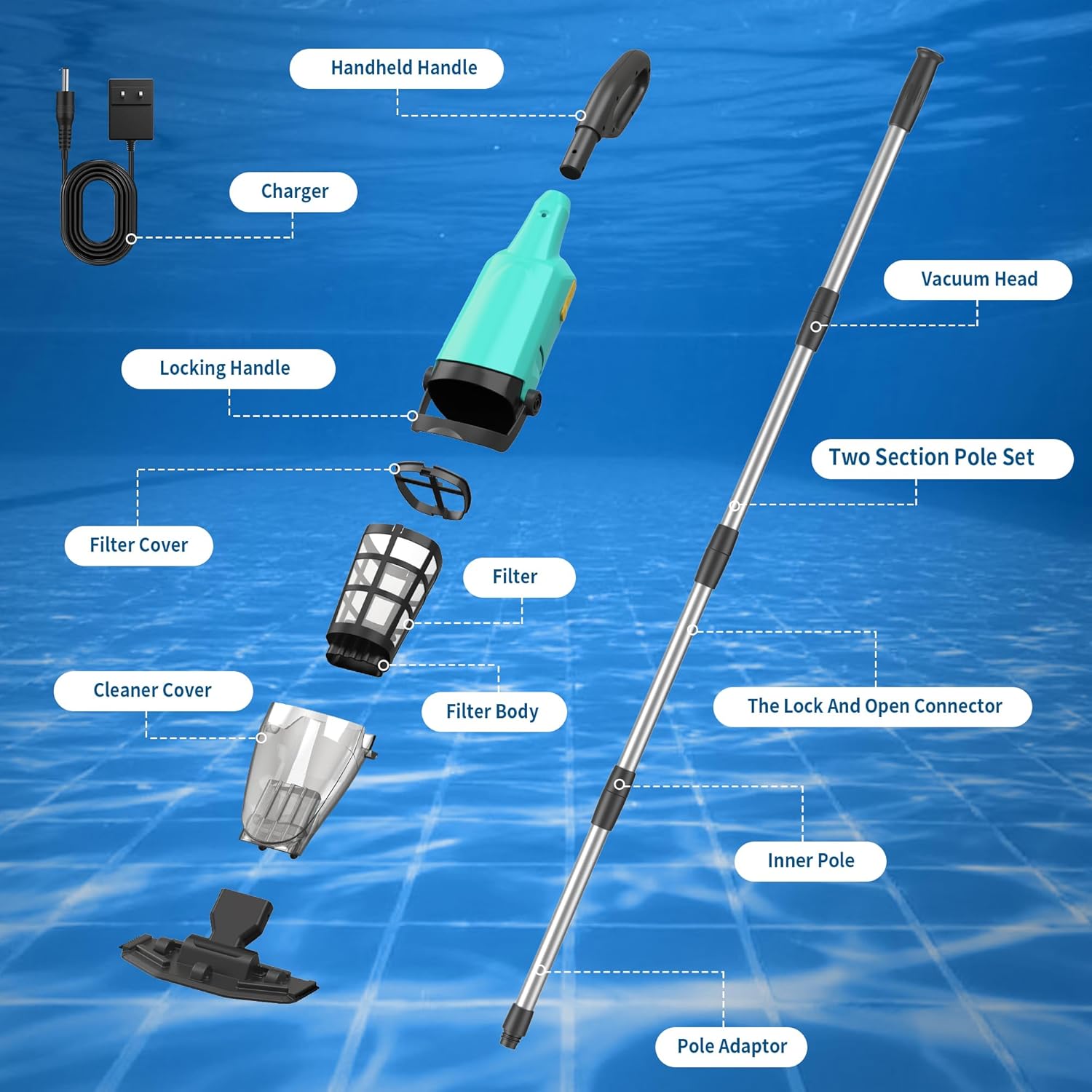 Cordless Rechargeable Pool Vacuum for Above & In-Ground Pools – 18GPM Suction, 90 Min Runtime, Fast 3H Charge, 69" Detachable Pole – Deep Clean for Spa, Hot Tub, Sand, Leaves, Debris （Green）