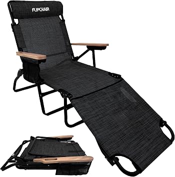 EasyGo Product FLIP Patio Chaise Lounger Chair for Tanning with Face & Arm Holes 4 Legs Support Textilene Material 6 Position Reclining Head Rest Pillow Beach or Home Use-PATENTS Pending, Black