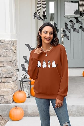 Miniatura 2 de MNLYBABY Sudadera de Halloween con diseño de gato para mujer, divertida camiseta gráfica de fantasma, de manga larga, con cuello redondo