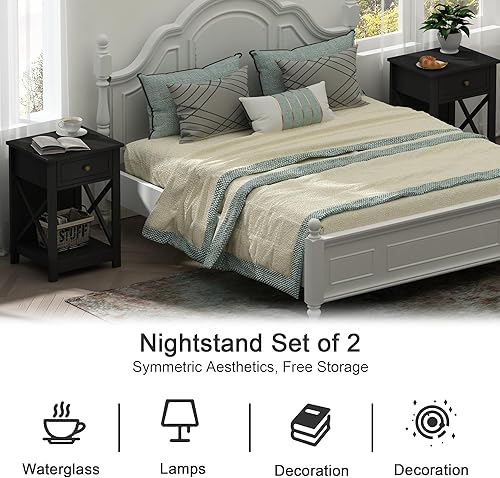 Miniatura 4 de Treocho Juego de 2 mesas auxiliares negras, mesita de noche moderna con diseño X, mesa auxiliar con almacenamiento abierto para lugares pequeños,