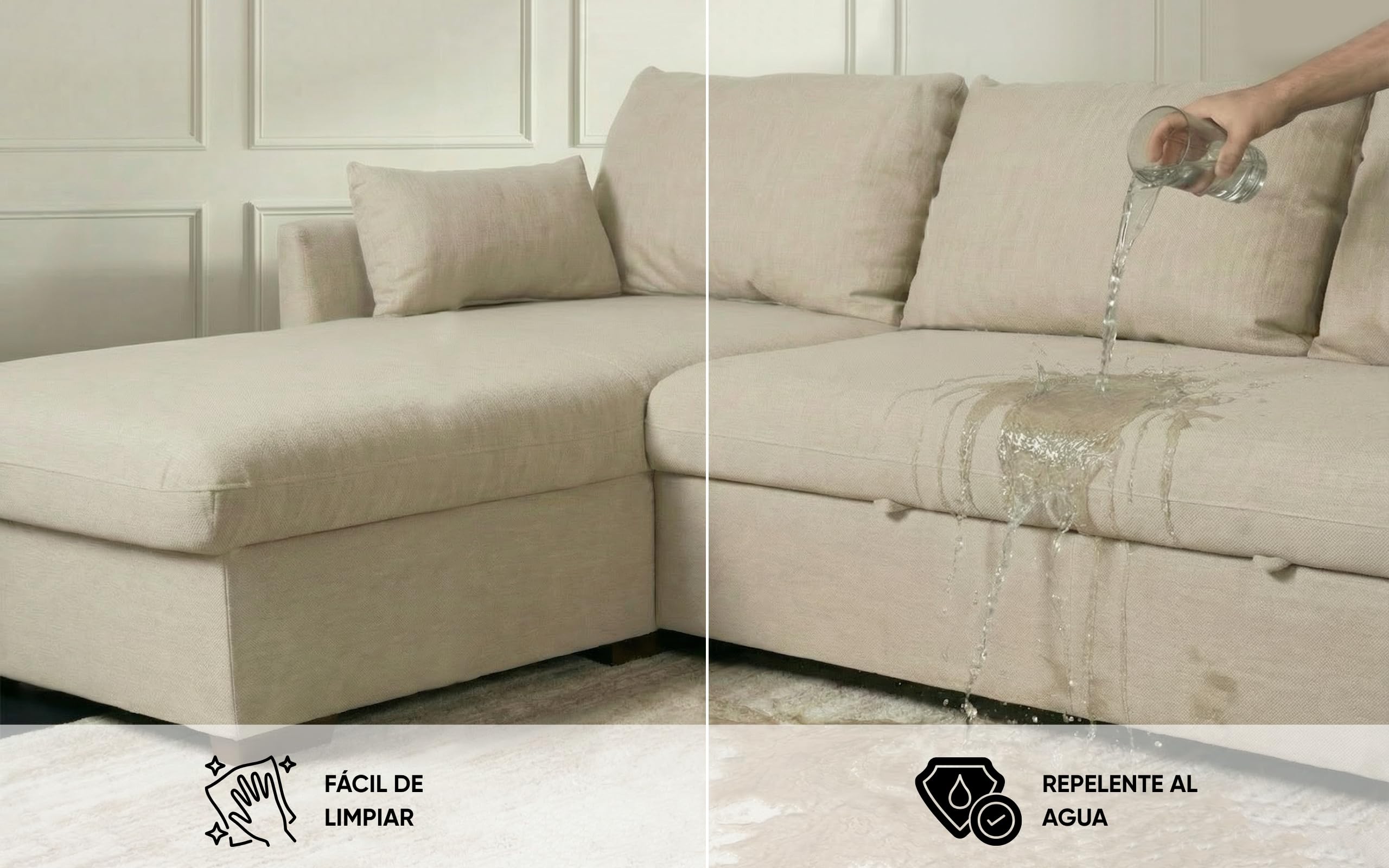 BUDWING Orlando Hogar Sofá Cama 3 Plazas Chaise Longue Esquinero Reversible Izquierda o Derecha con Arcón Tapizado Tela Beige Sofá de Salon Decoración de Hogar Cojines y Tapicería 221 x 162 x 90
