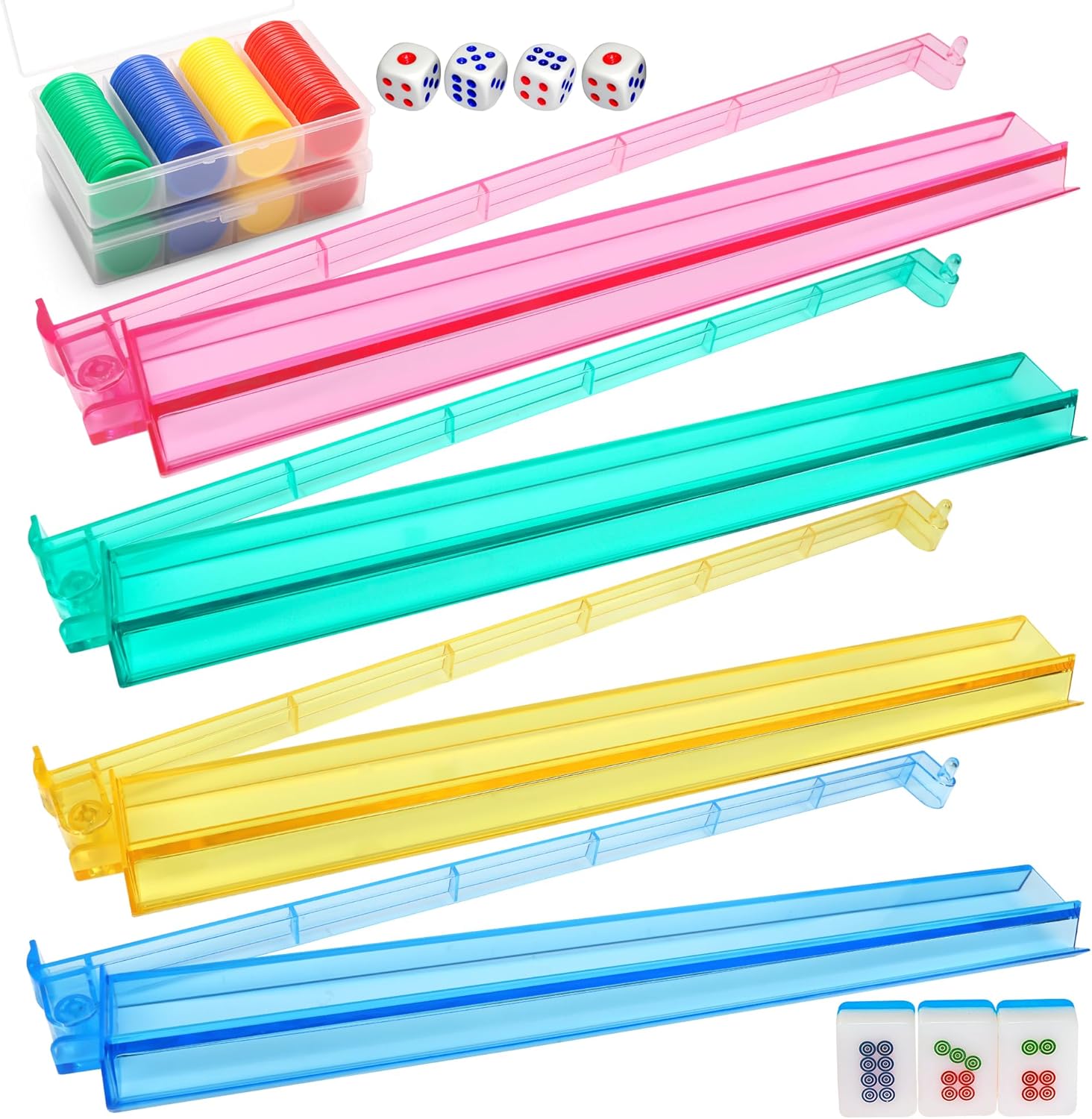 Coolrunner 4PCS Mahjong Racks with Pushers, Mahjong All-in-One Tile Rack & Pusher Acrylic American Majiang Tile Racks, Multi Color Acrylic Mahjong Racks with 2 Sets 4 Colors Bingo Chips and 4pcs dice