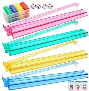 4PCS Mahjong Racks with Pushers, Mahjong All-in-One Tile Rack & Pusher | Acrylic American Majiang Tile Racks, Multi Color Acrylic Mahjong Racks with 2 sets 4 Colors Bingo Chips and 4pcs dice