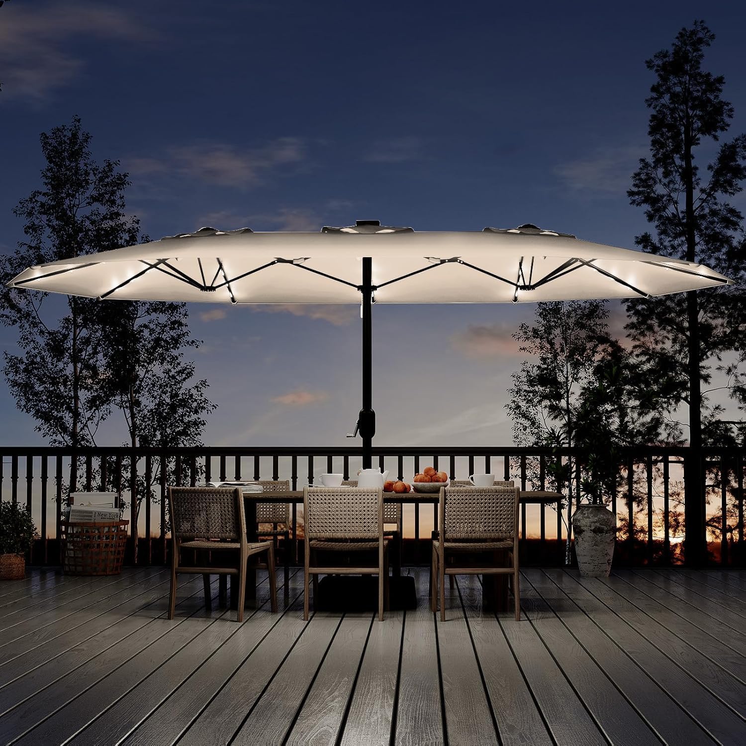 Garvee 15 ft Rectangular Patio Umbrella with Solar Lights & Base Included - Large Patio Umbrella with Crank Handle 36 LED Lights, UV Protection for Outdoor Market, Backyard, Deck, Pool, Beige