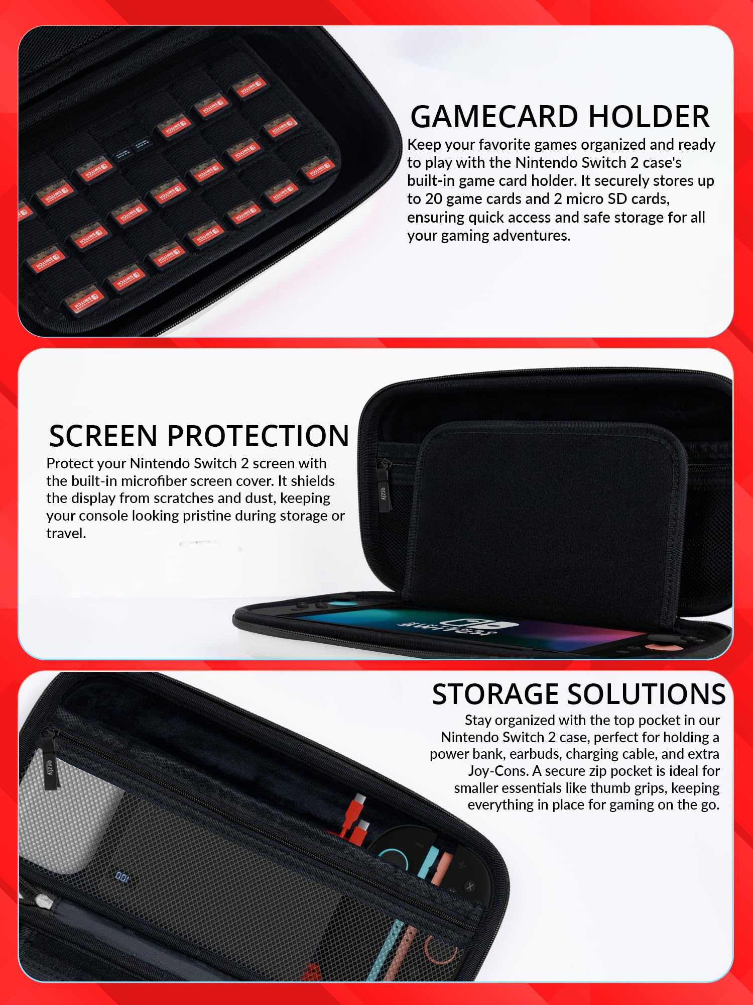 Orzly Custodia per Nintendo Switch 2, custodia protettiva da viaggio con pad per lo schermo, schede di gioco e slot MicroSD con tasche per gli accessori della console