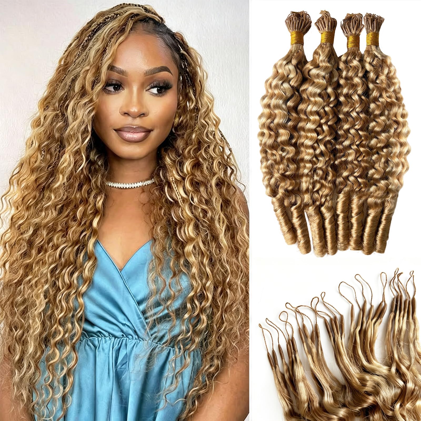 Photo 1 of **INCOMPLETE, PARTIAL** Ombre Blonde #27P613 Burmese Curly Feather Crochet Hair for Women Water Wave Crochet Human Hair Bundles Pre-Separated Lightweight Crochet Human Hair Extensions 20 Inch 100g,No Tangle & Reusable