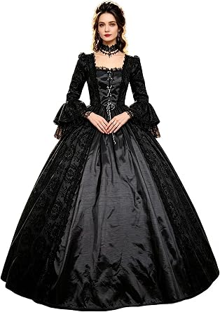 CountryWomen 18th Century Womens Rococo Ball Gown Print Long Gothic Victorian Dress Masquerade Theme Dress, Black 1, Small