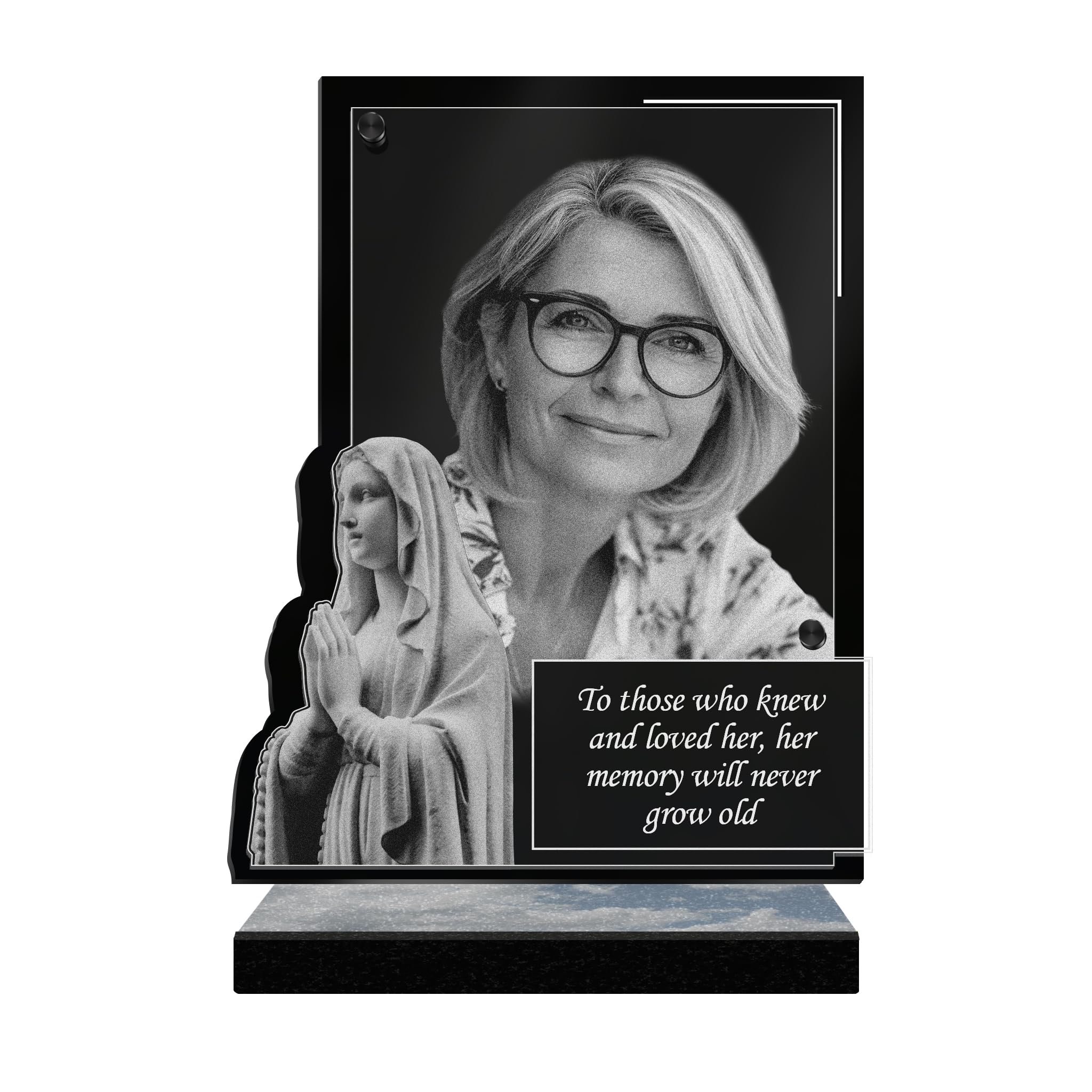 ETERNAL - Personalized Memorial Plaque Virgin Mary - Customizable Photo and Text, laser-engraved memorial plaque for tribute, plexiglass, tombstone, cemetery, ceremony, mourning