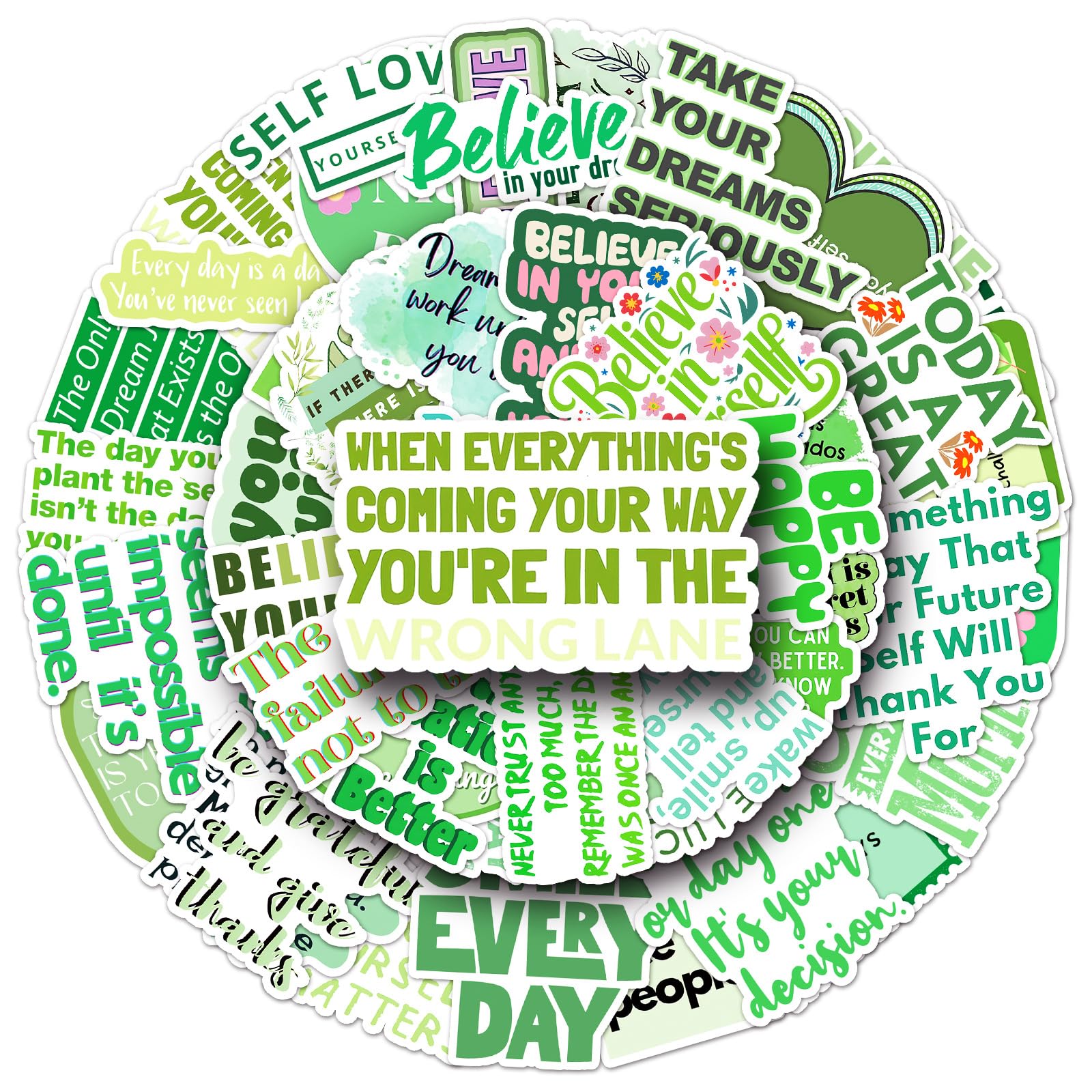 50Pcs Aesthetic Green Inspirational Quote Stickers,Waterproof Vinyl Motivational Positive Saying Stickers for Journaling,Laptop, Water Bottle,Planner,Scrapbook,Phone Case,Luggage, Skateboard,DIY Decor