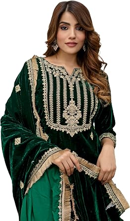 TRENDMALLS Womens Velvet Embroidery Sequence Work Salwar Suit Set Kurta Pant with Dupatta for Women