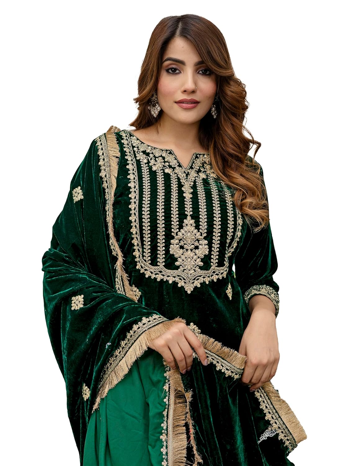 TRENDMALLS Women’s Velvet Embroidery Salwar Suit Set Kurta Pant with Dupatta Green Kurta Set for Women