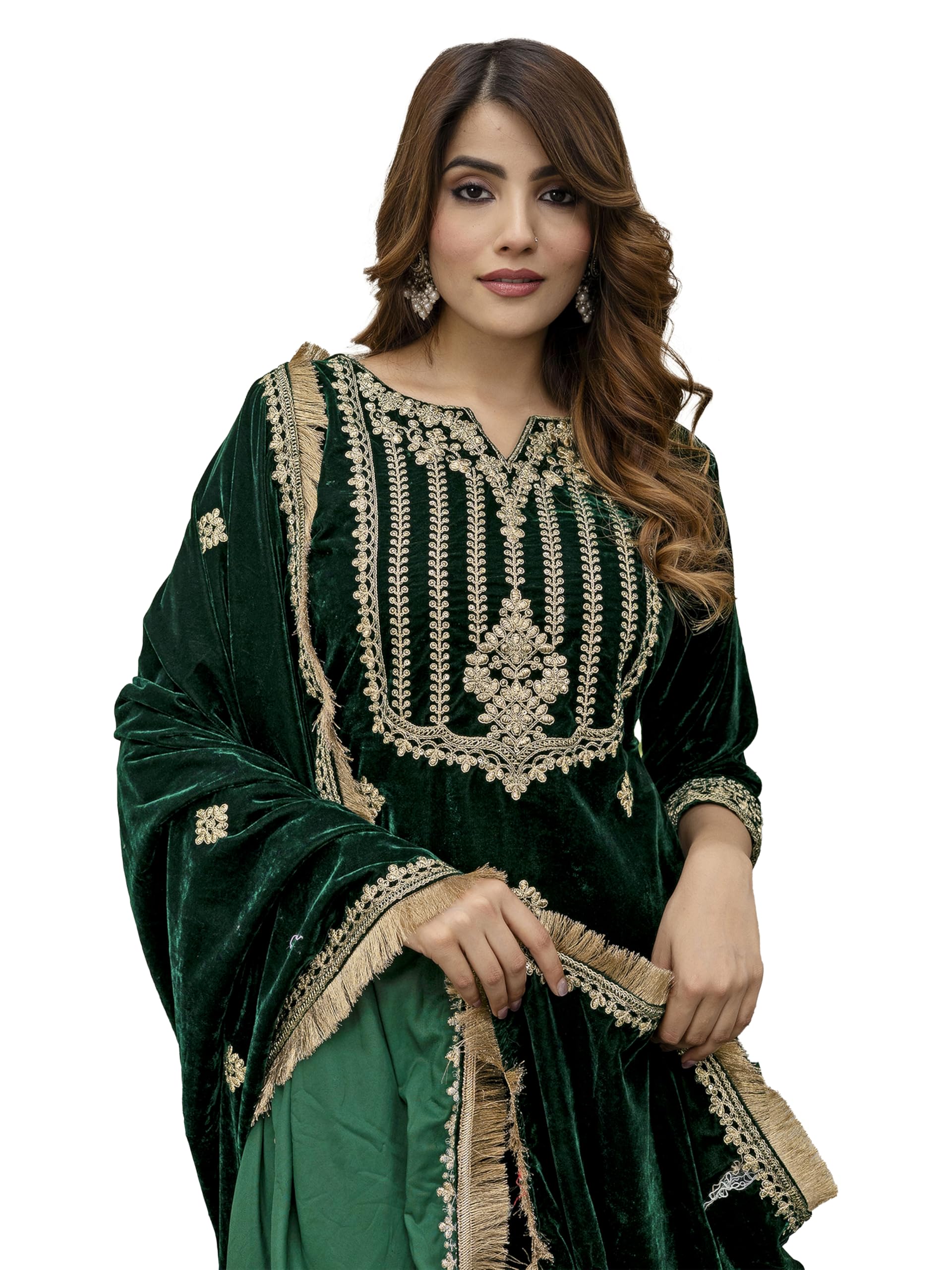 trendmalls Women's Velvet Embroidery Salwar Suit Set Kurta Pant with Dupatta Green Kurta Set for Women-picture-33