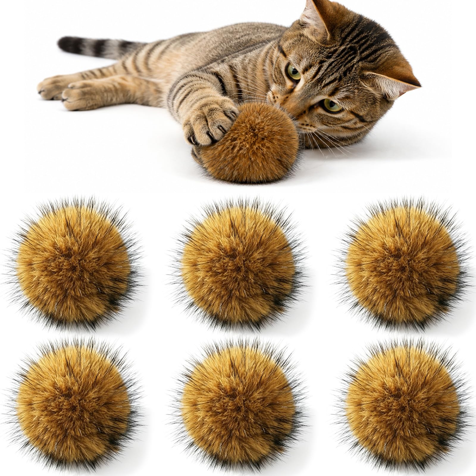 YUNLIJIA 6PCS Cat Toy Faux Rabbit Fur Ball Soft Fluffy Rabbit Fur for Indoor Cats, Washable and Fun to Chase for Interactive Bonding