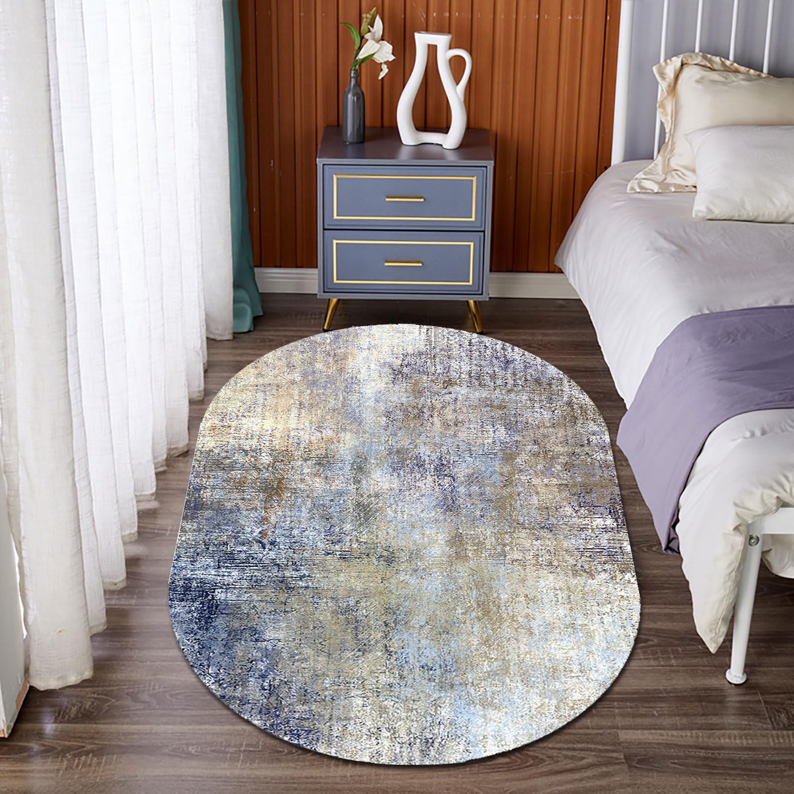 Tapis de salon lavable et antidérapant gris bleu au style rétro en détresse