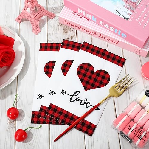 Miniatura 4 de Whaline Servilletas de papel desechables de 3 capas con corazón a cuadros rojos y negros para el día de San Valentín, servilletas de papel