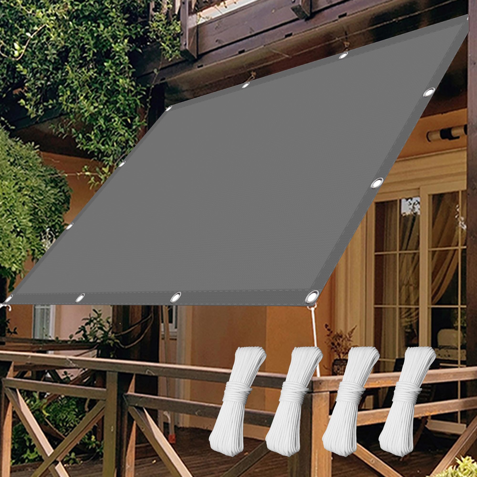 Sonnensegel Wasserdicht 400 x 500 cm Wasserabweisend Sonnensegel Sonnenschutz Rechteck mit Ösen Und Befestigungsseile für Terrasse Balkon, Hellgrau